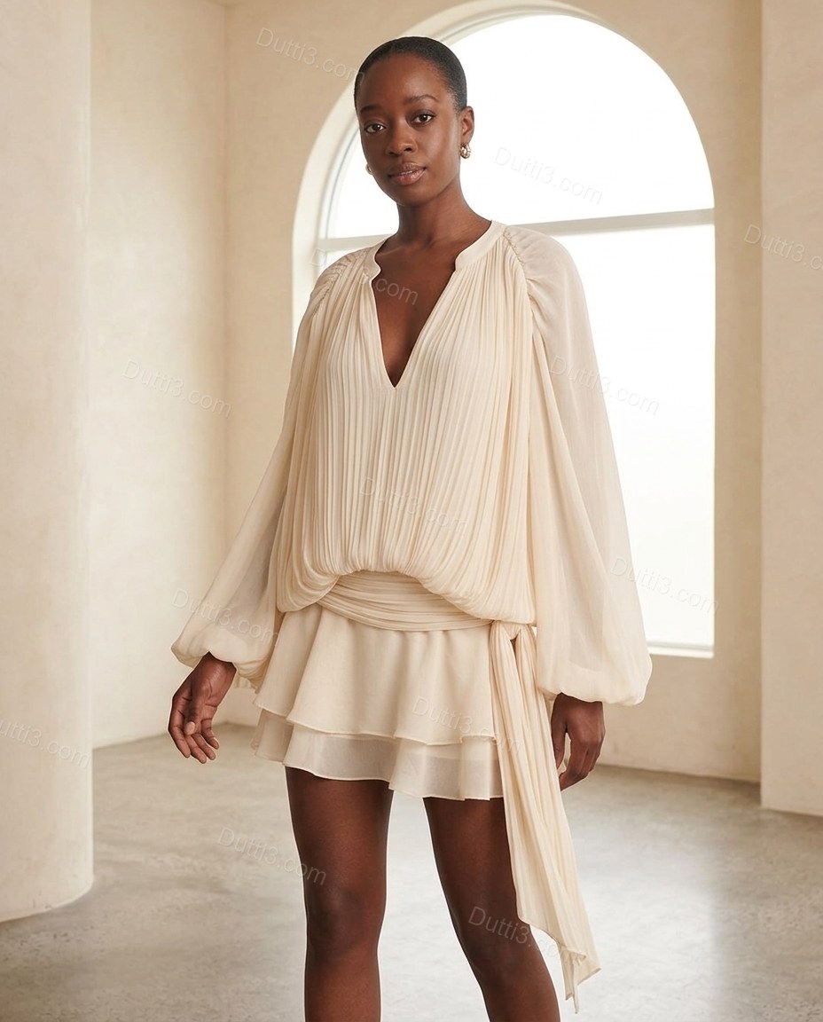 Cream Sunlit Pleated Mini Dress Cream Mini Dress with Relaxed Fit silhouette and Textured texture, front view product image for Day-to-Night, an early-evening outing, Fall late-summer dinners, city weekends, and early-fall plans, US East / Hamptons Elite by Dutti3