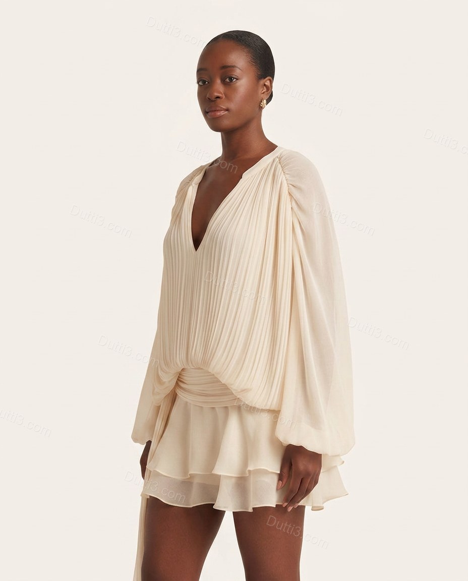 Cream Sunlit Pleated Mini Dress Cream Mini Dress with Relaxed Fit silhouette and Textured texture, side or back garment view for Day-to-Night, an early-evening outing, Fall late-summer dinners, city weekends, and early-fall plans, US East / Hamptons Elite by Dutti3