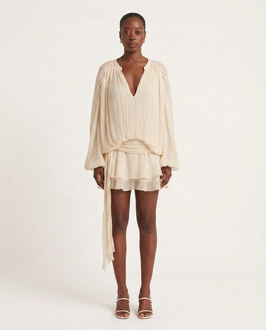 Cream Sunlit Pleated Mini Dress Cream Mini Dress with Relaxed Fit silhouette and Textured texture, clean studio product view for Day-to-Night, an early-evening outing, Fall late-summer dinners, city weekends, and early-fall plans, US East / Hamptons Elite by Dutti3