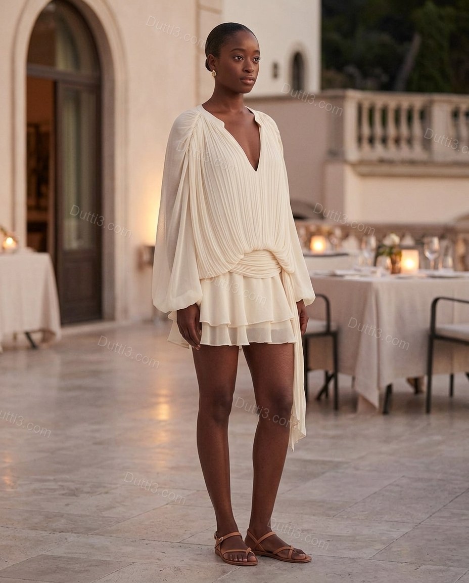 Cream Sunlit Pleated Mini Dress Cream Mini Dress with Relaxed Fit silhouette and Textured texture, fabric and construction detail for Day-to-Night, an early-evening outing, Fall late-summer dinners, city weekends, and early-fall plans, US East / Hamptons by Dutti3