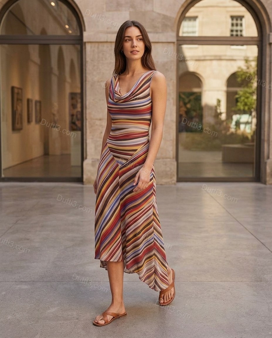 Multi-Color Refined Striped Midi Dress by Dutti3