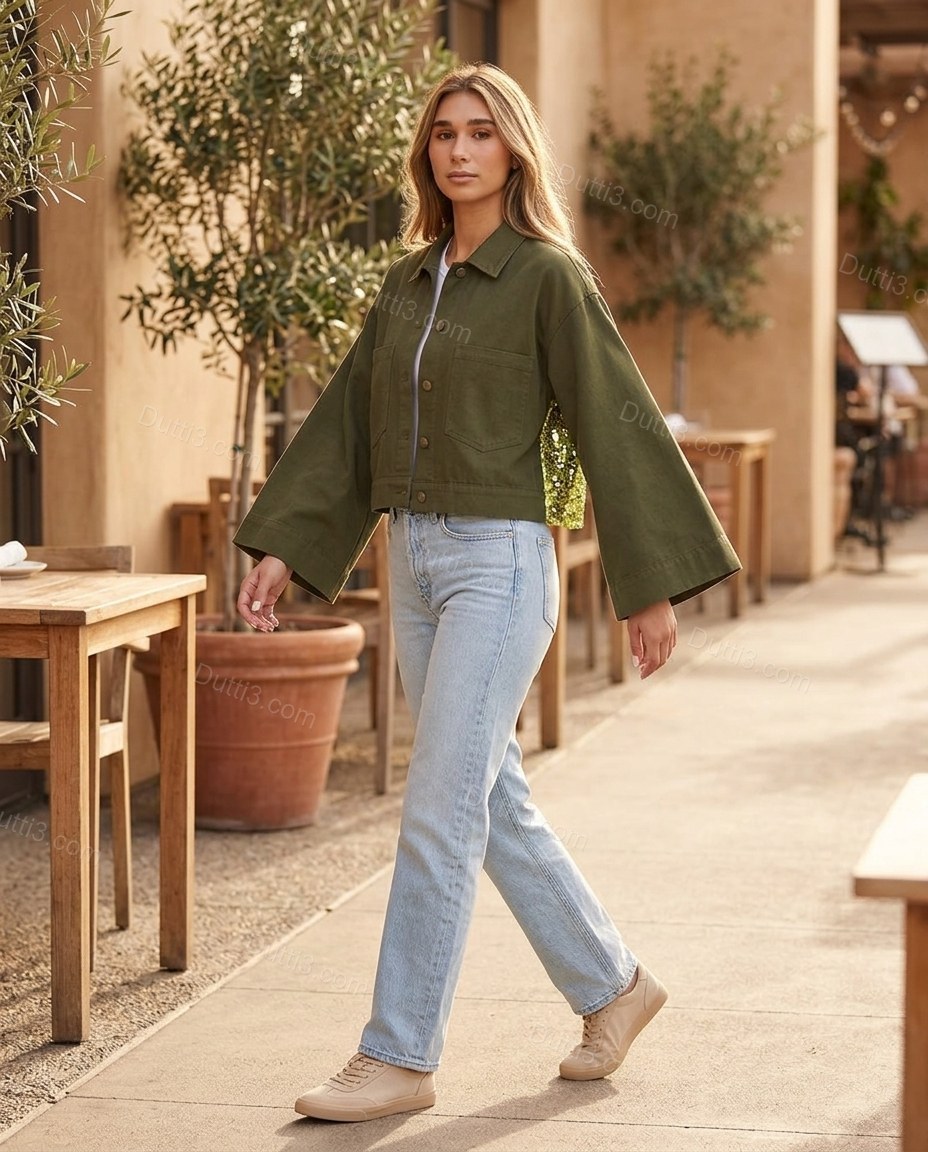Olive Green Refined Denim Jacket Olive Green Jacket with Cropped silhouette and Textured texture, lifestyle scene image for City Layering, a dinner reservation, Fall transitional city days and cool-evening plans, Euro Chic Premium by Dutti3