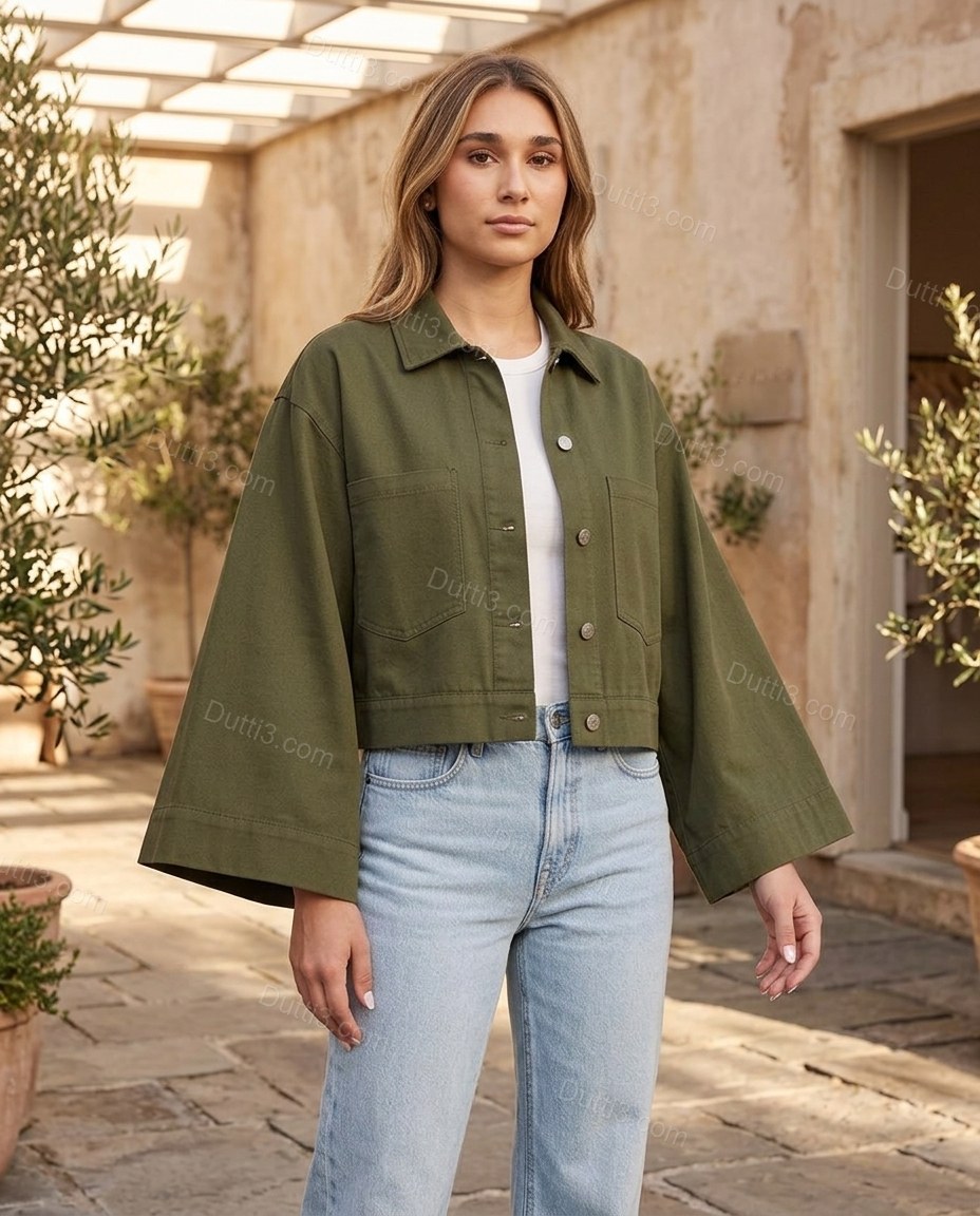 Olive Green Refined Denim Jacket Olive Green Jacket with Cropped silhouette and Textured texture, fabric and construction detail for City Layering, a dinner reservation, Fall transitional city days and cool-evening plans, Euro Chic Premium by Dutti3
