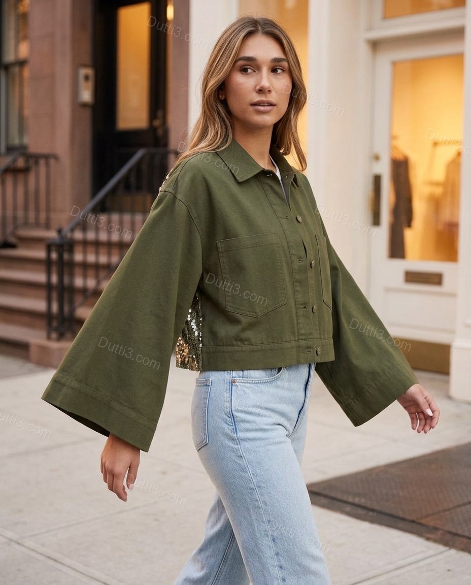 Olive Green Refined Denim Jacket Olive Green Jacket with Cropped silhouette and Textured texture, outdoor styling image for City Layering, a dinner reservation, Fall transitional city days and cool-evening plans, Euro Chic Premium by Dutti3