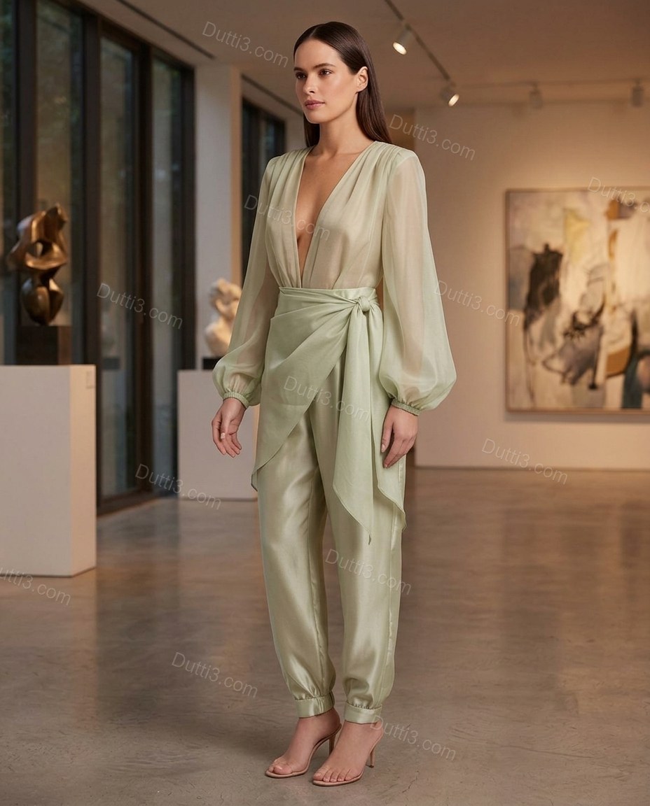 Sage Green Polished Sheer Jumpsuit by Dutti3