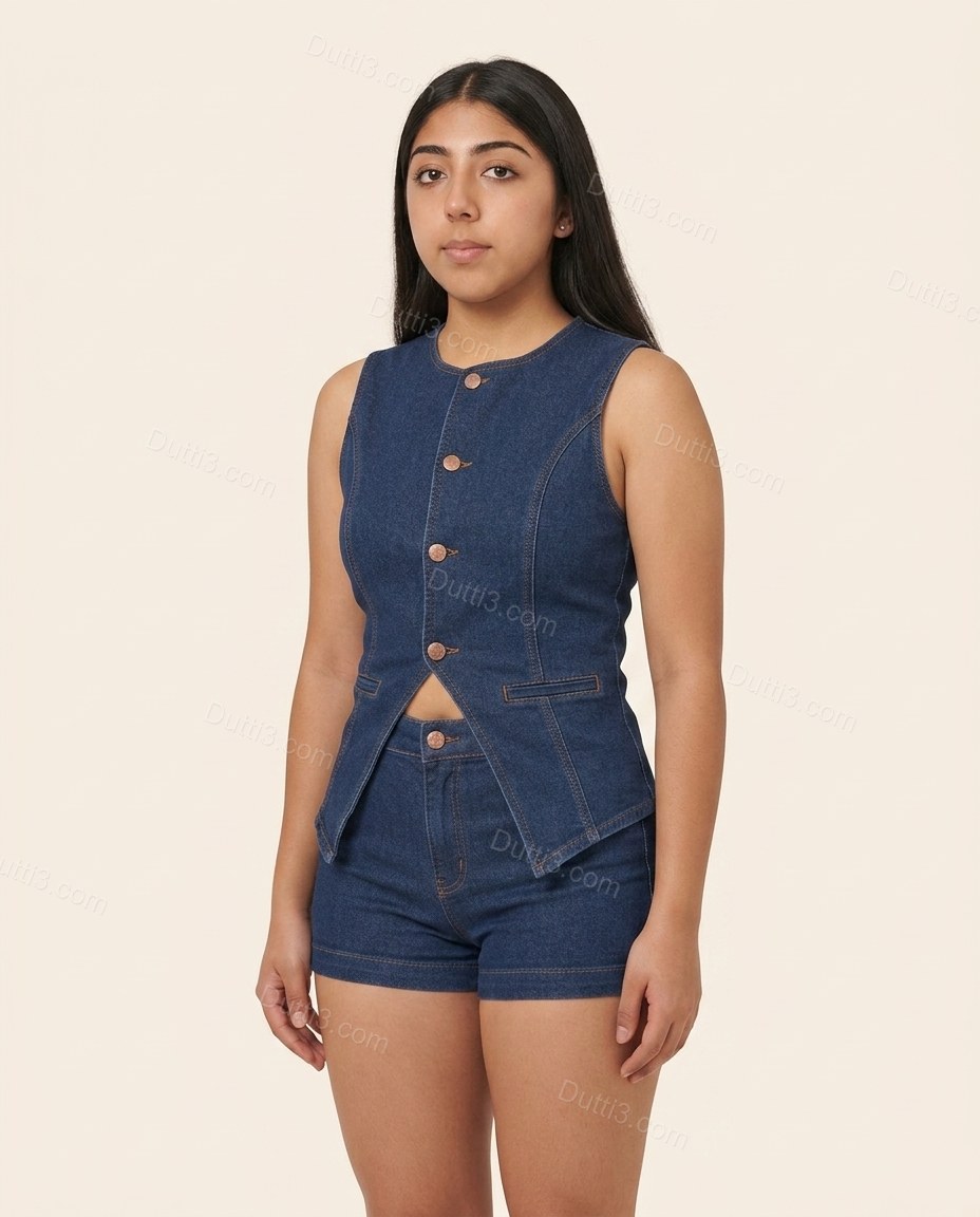 Blue Polished Denim Sleeveless Jacket by Dutti3