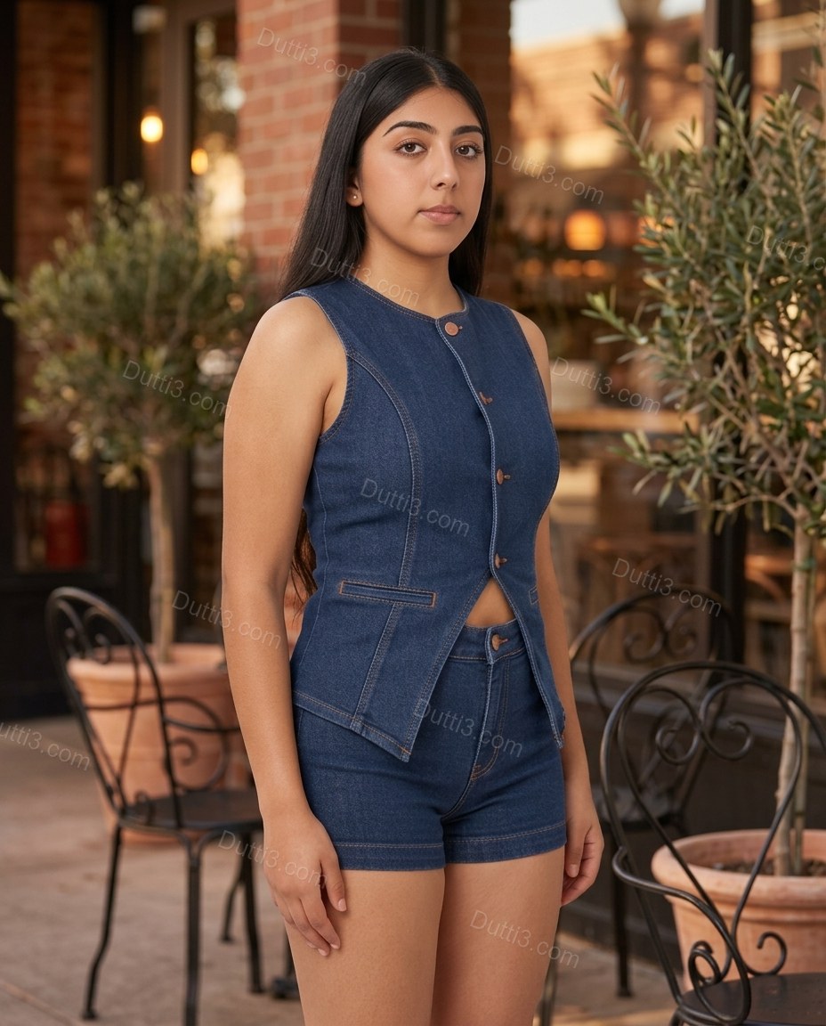 Blue Polished Denim Sleeveless Jacket by Dutti3