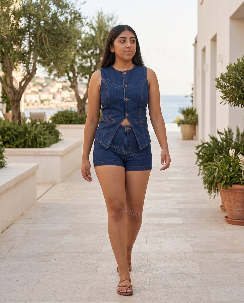 Blue Polished Denim Sleeveless Jacket by Dutti3