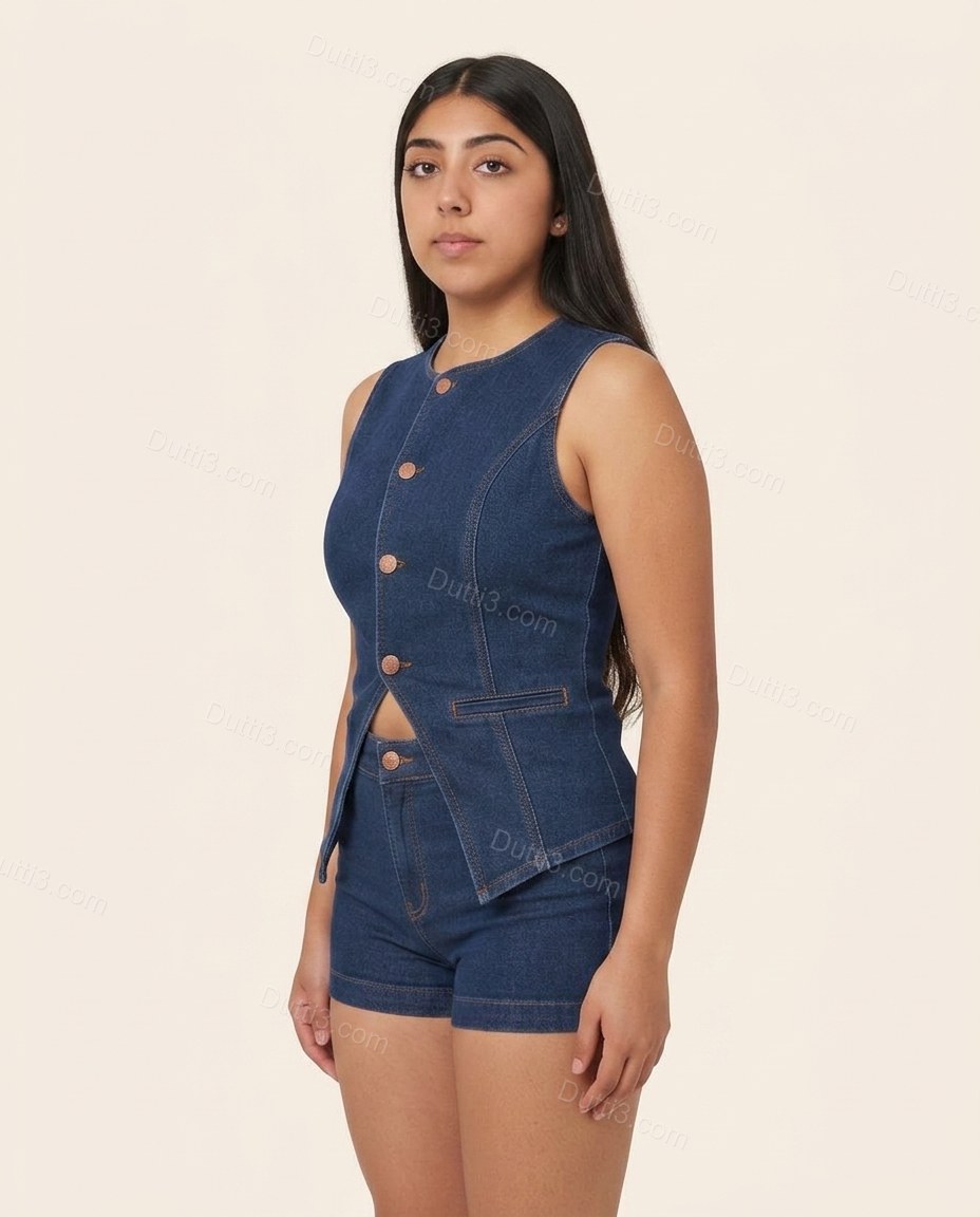 Blue Polished Denim Sleeveless Jacket by Dutti3