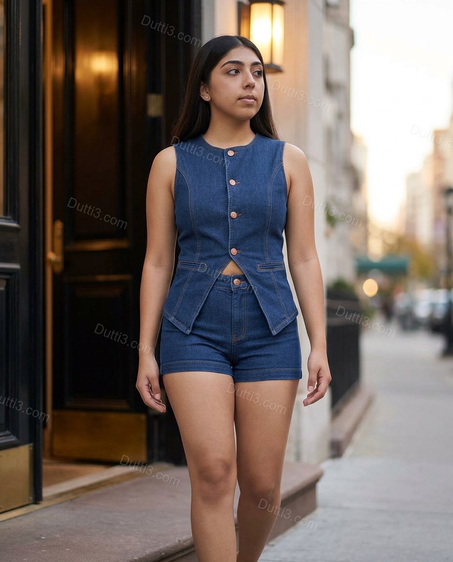 Blue Polished Denim Sleeveless Jacket by Dutti3