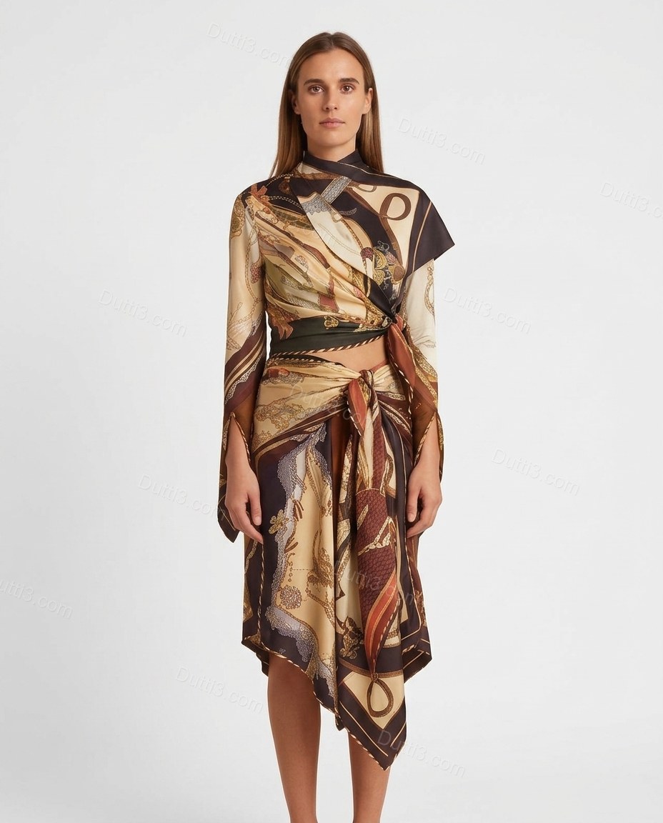 Brown Sleek Satin Skirt Set Brown Skirt Set with Asymmetric silhouette and Satin texture, clean studio product view for Day-to-Night, a transitional city plan, Fall late-summer city plans and early-fall occasions, US Coastal Glam by Dutti3