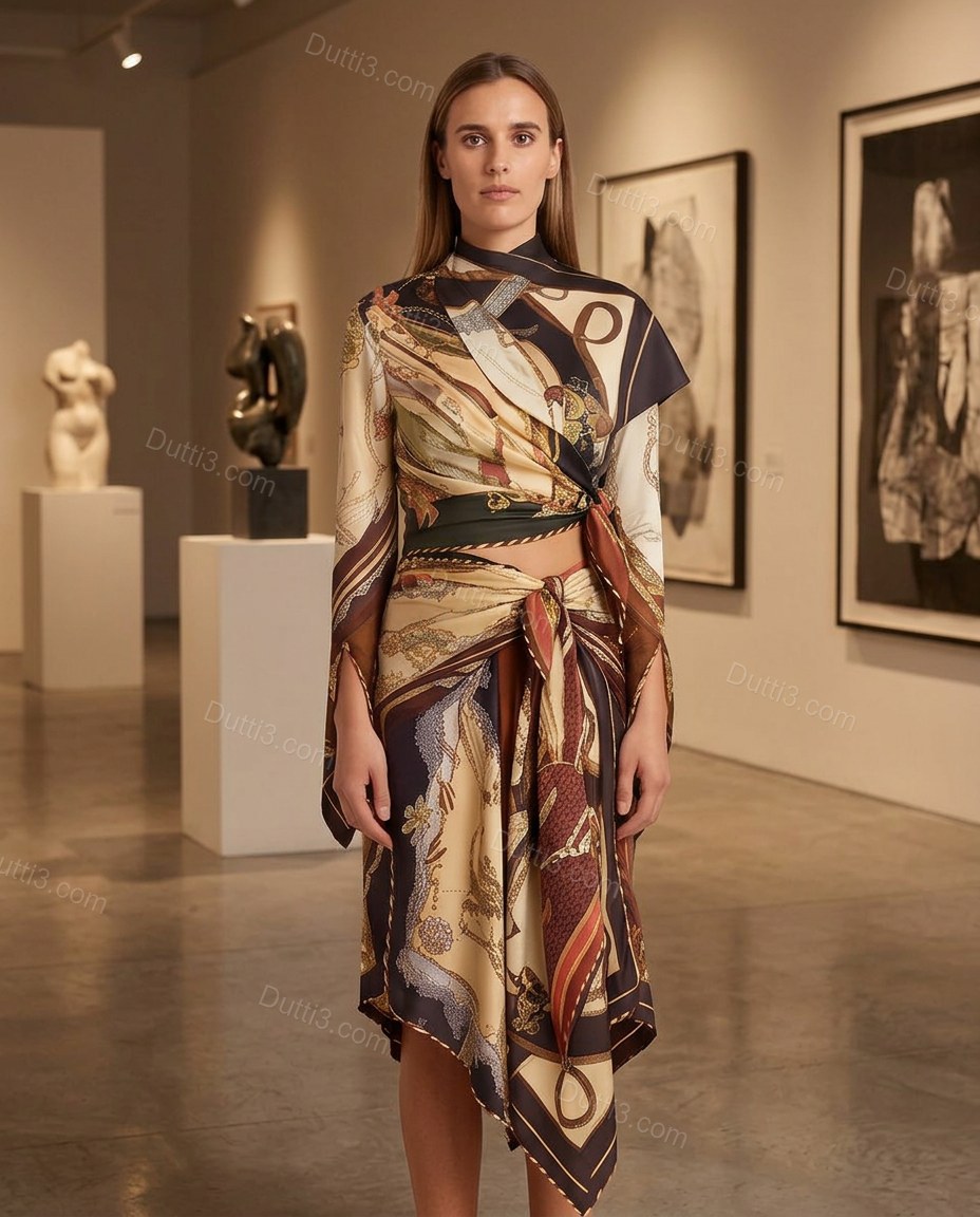 Brown Sleek Satin Skirt Set Brown Skirt Set with Asymmetric silhouette and Satin texture, editorial ecommerce scene for Day-to-Night, a transitional city plan, Fall late-summer city plans and early-fall occasions, US Coastal Glam by Dutti3