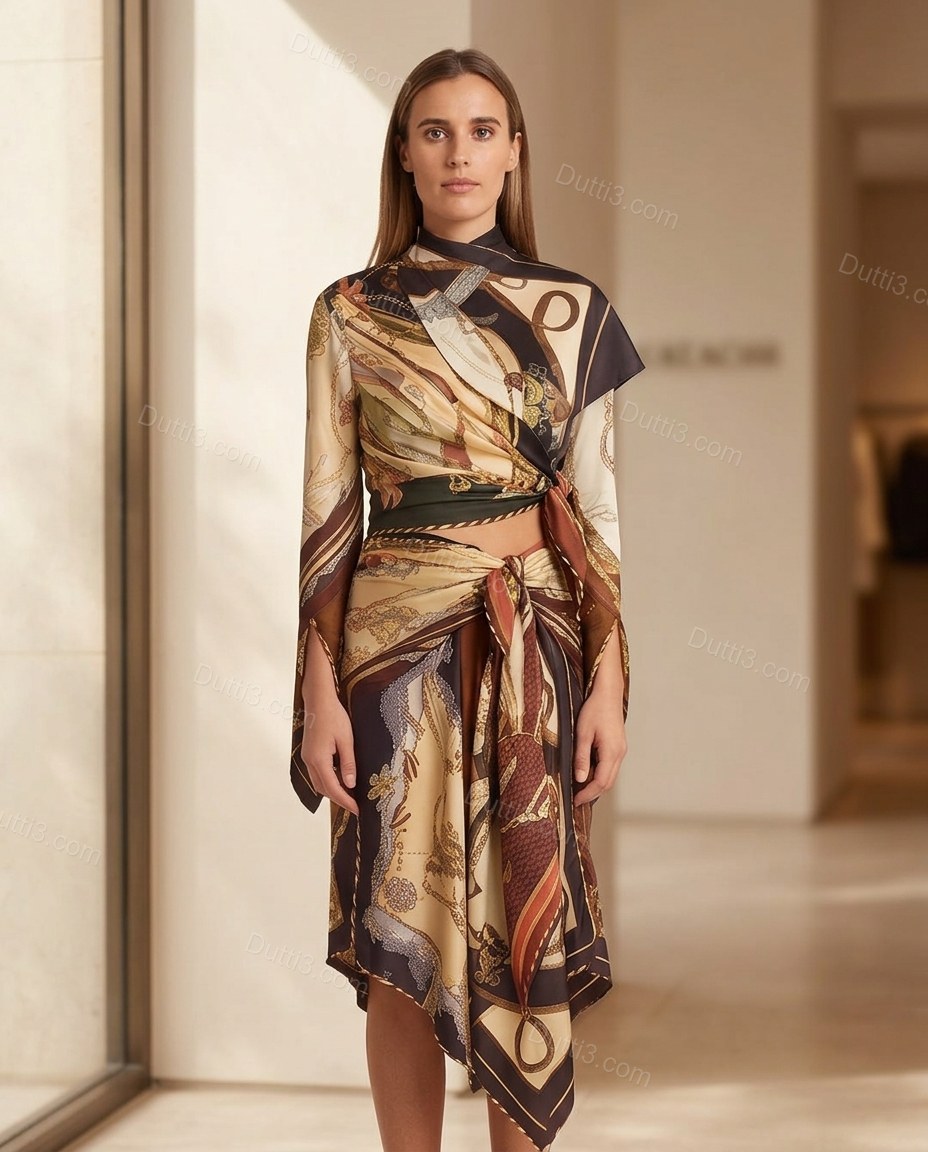Brown Sleek Satin Skirt Set Brown Skirt Set with Asymmetric silhouette and Satin texture, front view product image for Day-to-Night, a transitional city plan, Fall late-summer city plans and early-fall occasions, US Coastal Glam by Dutti3