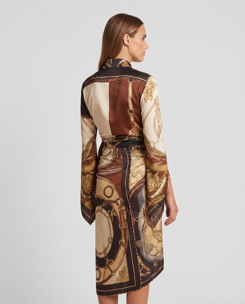 Brown Sleek Satin Skirt Set Brown Skirt Set with Asymmetric silhouette and Satin texture, side or back garment view for Day-to-Night, a transitional city plan, Fall late-summer city plans and early-fall occasions, US Coastal Glam by Dutti3