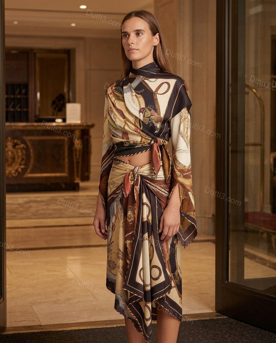 Brown Sleek Satin Skirt Set Brown Skirt Set with Asymmetric silhouette and Satin texture, fabric and construction detail for Day-to-Night, a transitional city plan, Fall late-summer city plans and early-fall occasions, US Coastal Glam by Dutti3