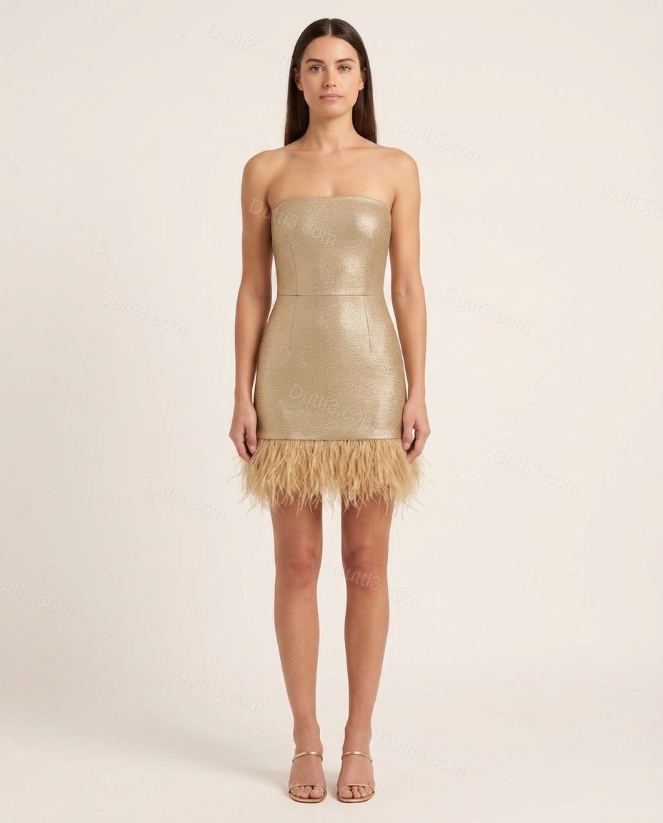 Gold After-Dark Feather-Trim Mini Dress by Dutti3