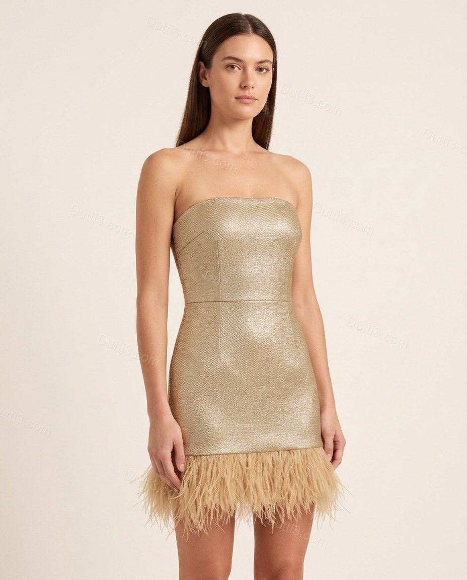 Gold After-Dark Feather-Trim Mini Dress by Dutti3