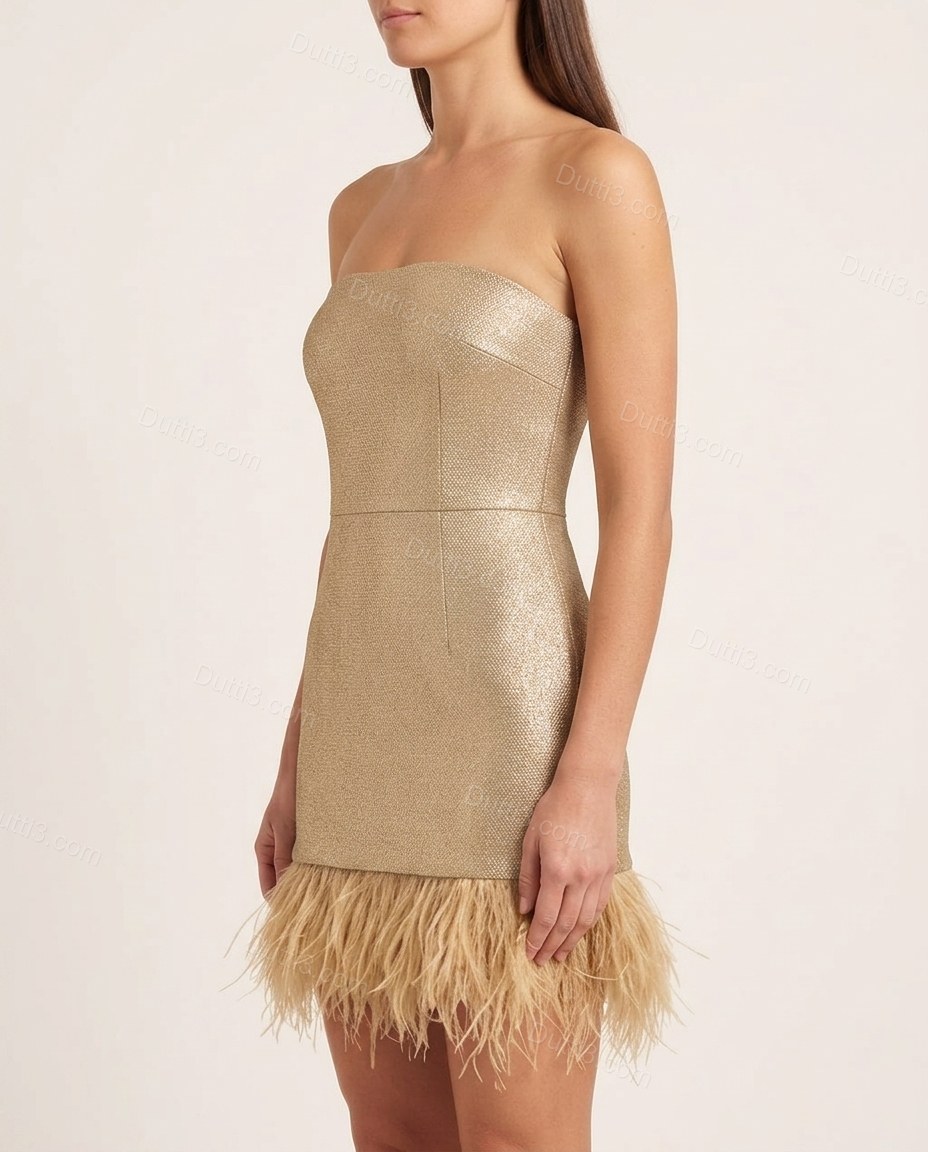Gold After-Dark Feather-Trim Mini Dress by Dutti3