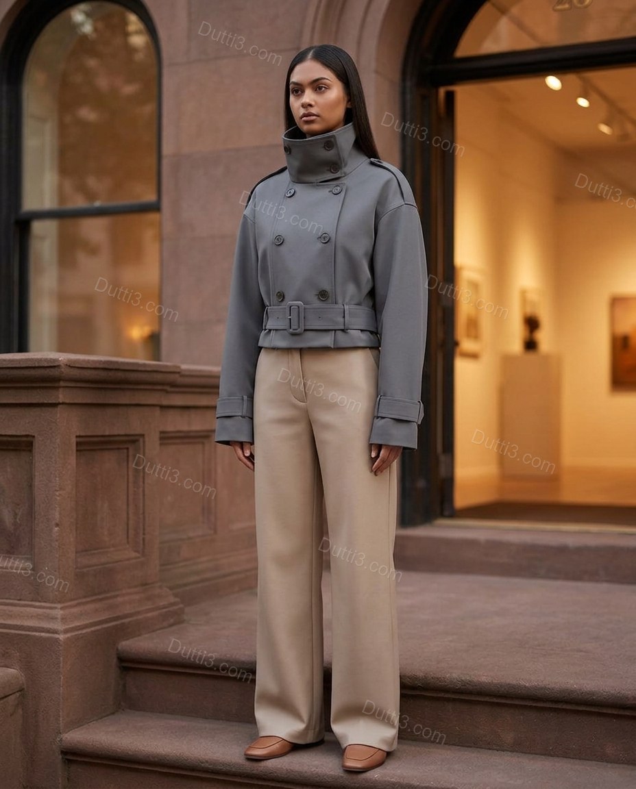 Grey Refined Belted Cropped Jacket by Dutti3