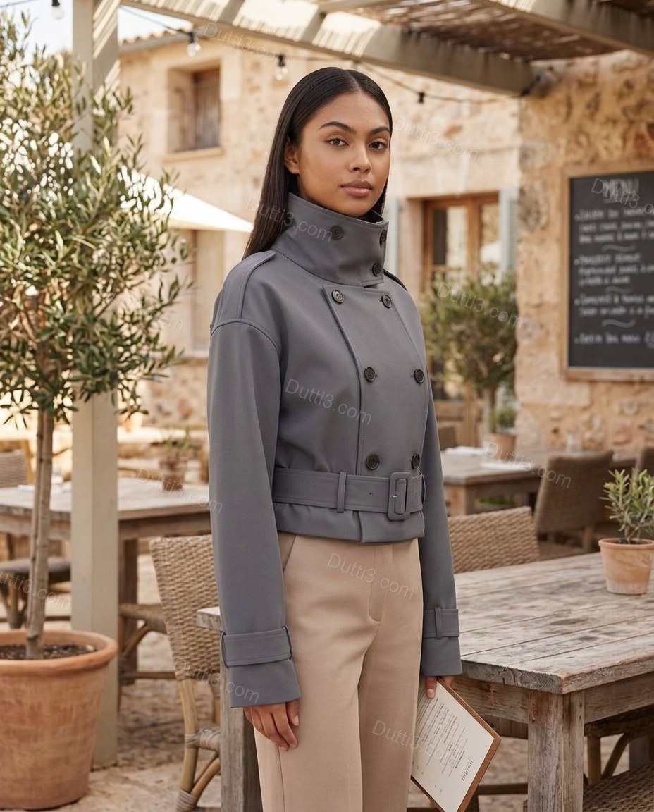 Grey Refined Belted Cropped Jacket by Dutti3