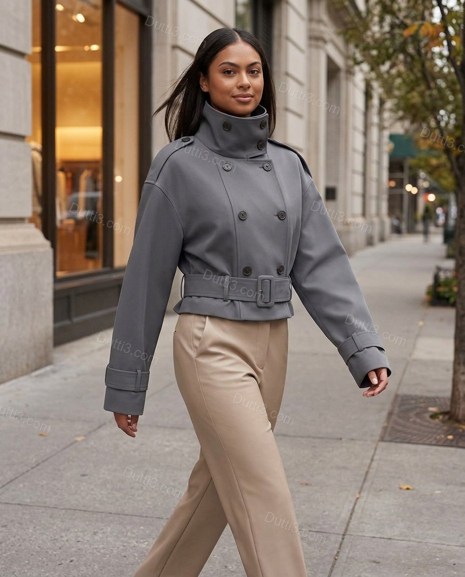 Grey Refined Belted Cropped Jacket by Dutti3