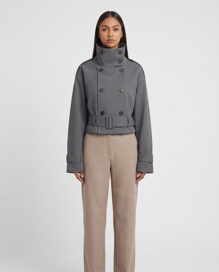 Grey Refined Belted Cropped Jacket by Dutti3