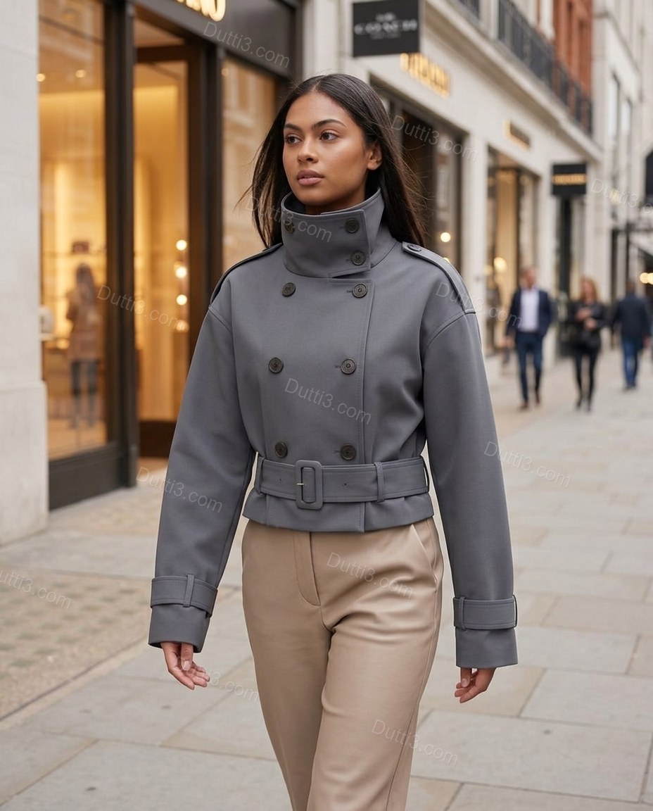 Grey Refined Belted Cropped Jacket by Dutti3
