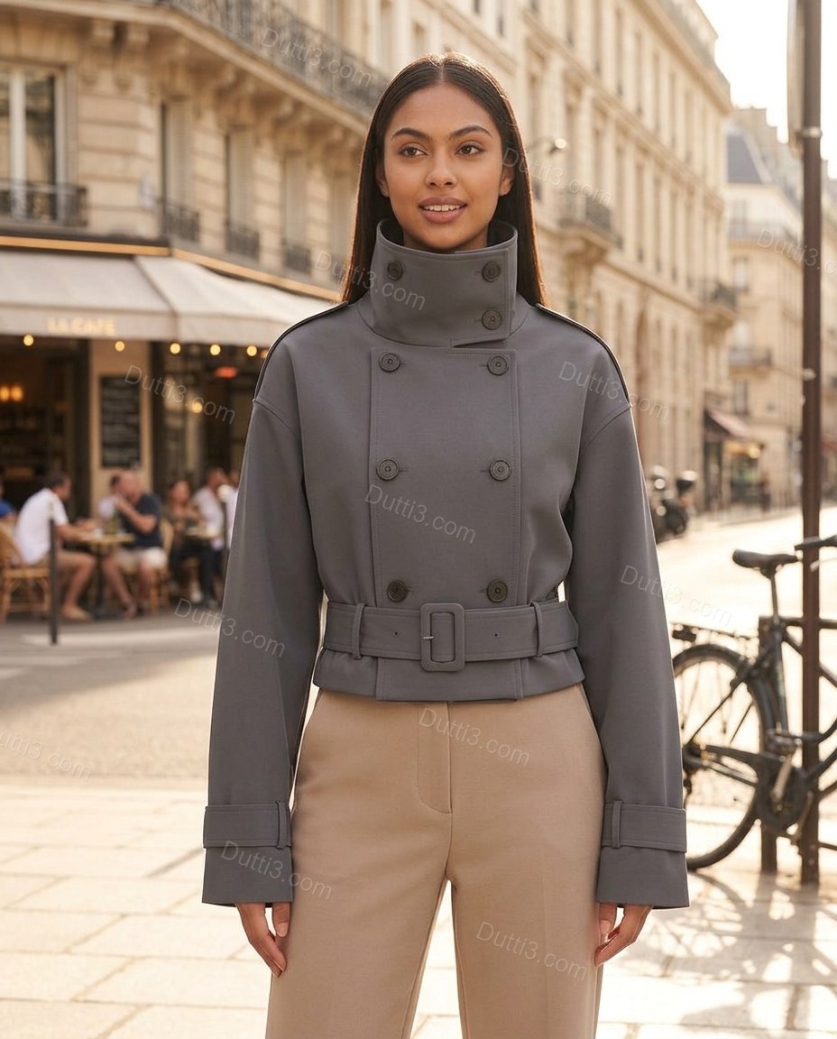 Grey Refined Belted Cropped Jacket by Dutti3