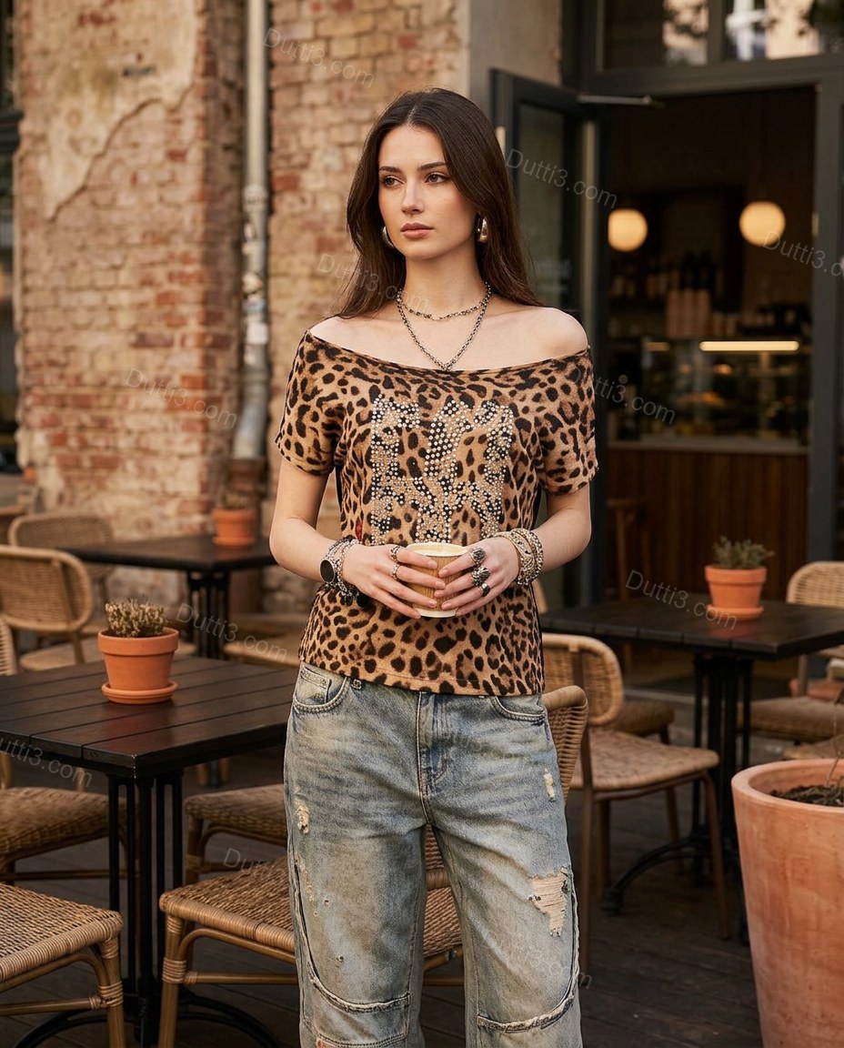 Brown Elevated Leopard Print Top Brown Top with Structured silhouette and Ribbed Knit texture, fabric and construction detail for Everyday Styling, a transitional city plan, Fall late-summer city plans and early-fall occasions, US Coastal Glam by Dutti3