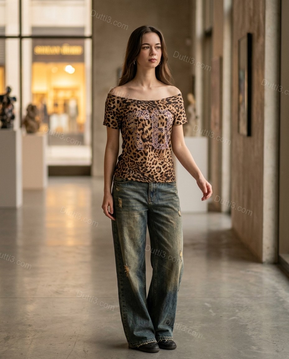 Brown Elevated Leopard Print Top Brown Top with Structured silhouette and Ribbed Knit texture, editorial ecommerce scene for Everyday Styling, a transitional city plan, Fall late-summer city plans and early-fall occasions, US Coastal Glam by Dutti3