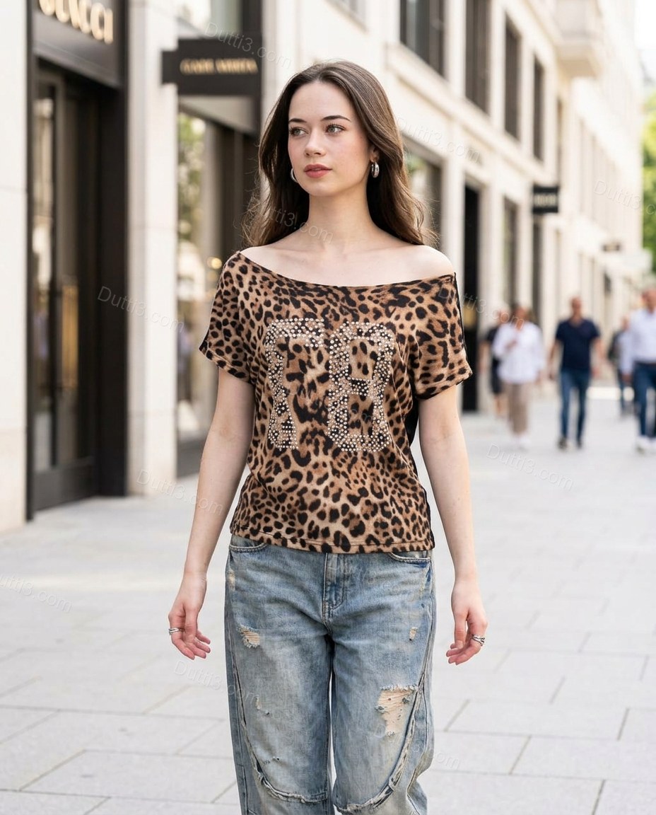 Brown Elevated Leopard Print Top Brown Top with Structured silhouette and Ribbed Knit texture, lifestyle scene image for Everyday Styling, a transitional city plan, Fall late-summer city plans and early-fall occasions, US Coastal Glam by Dutti3