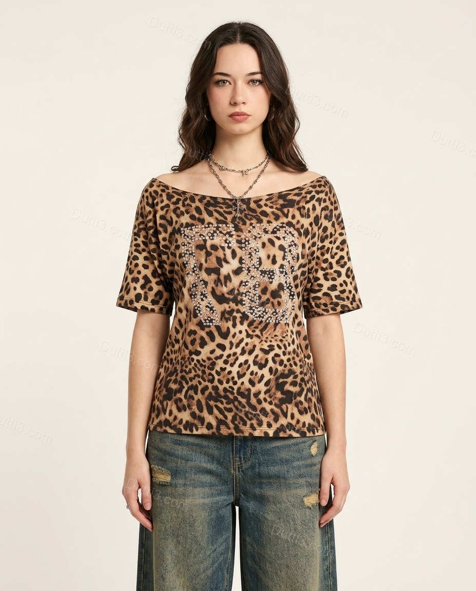 Brown Elevated Leopard Print Top Brown Top with Structured silhouette and Ribbed Knit texture, clean studio product view for Everyday Styling, a transitional city plan, Fall late-summer city plans and early-fall occasions, US Coastal Glam by Dutti3