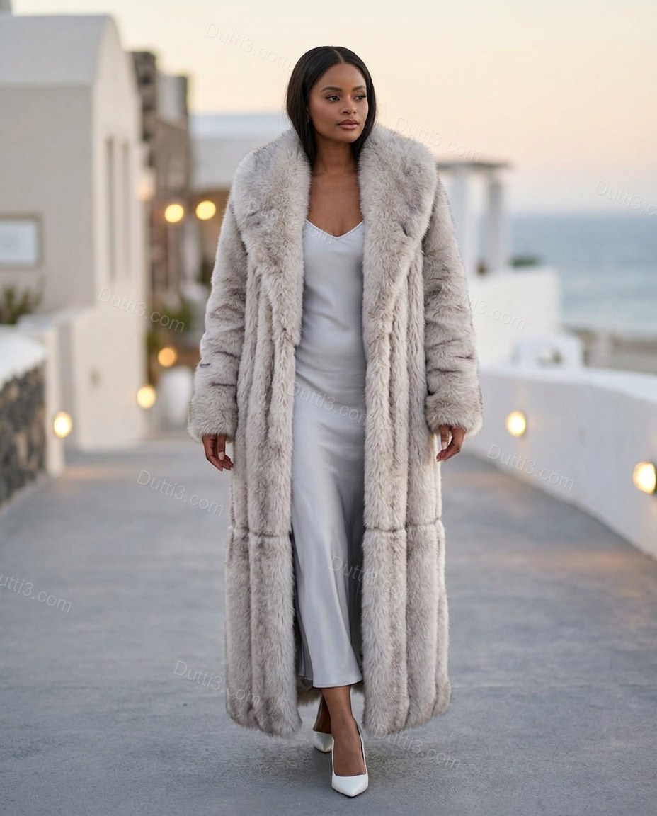 Beige Elevated Fur-Trim Longline Coat Beige Coat with Relaxed Fit silhouette and Textured texture, editorial ecommerce scene for City Layering, a dinner reservation, Fall late-summer city plans and early-fall occasions, US East / Hamptons Elite by Dutti3
