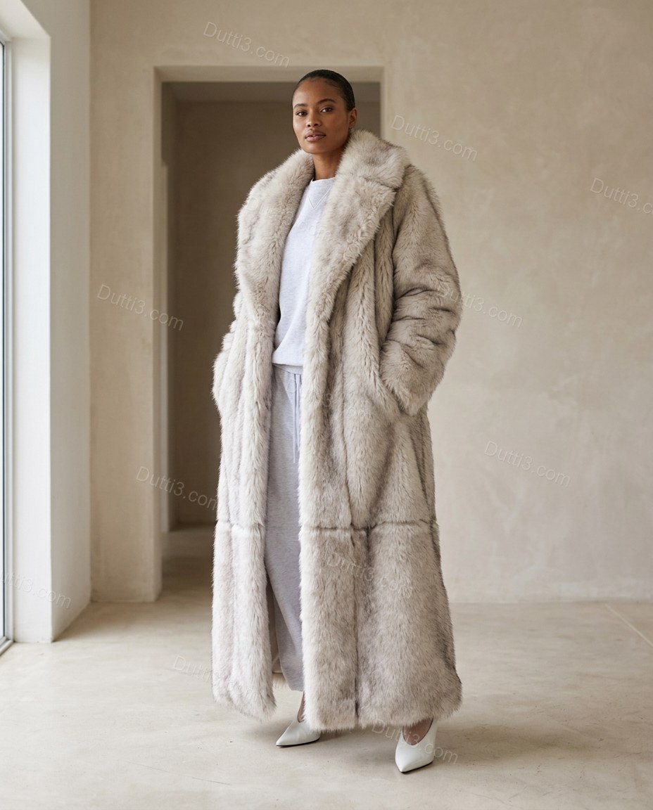 Beige Elevated Fur-Trim Longline Coat Beige Coat with Relaxed Fit silhouette and Textured texture, front view product image for City Layering, a dinner reservation, Fall late-summer city plans and early-fall occasions, US East / Hamptons Elite by Dutti3