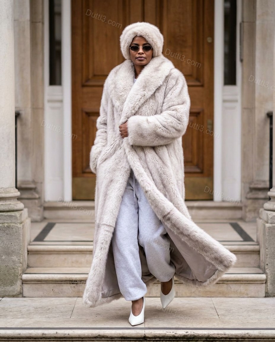 Beige Elevated Fur-Trim Longline Coat Beige Coat with Relaxed Fit silhouette and Textured texture, lifestyle scene image for City Layering, a dinner reservation, Fall late-summer city plans and early-fall occasions, US East / Hamptons Elite by Dutti3