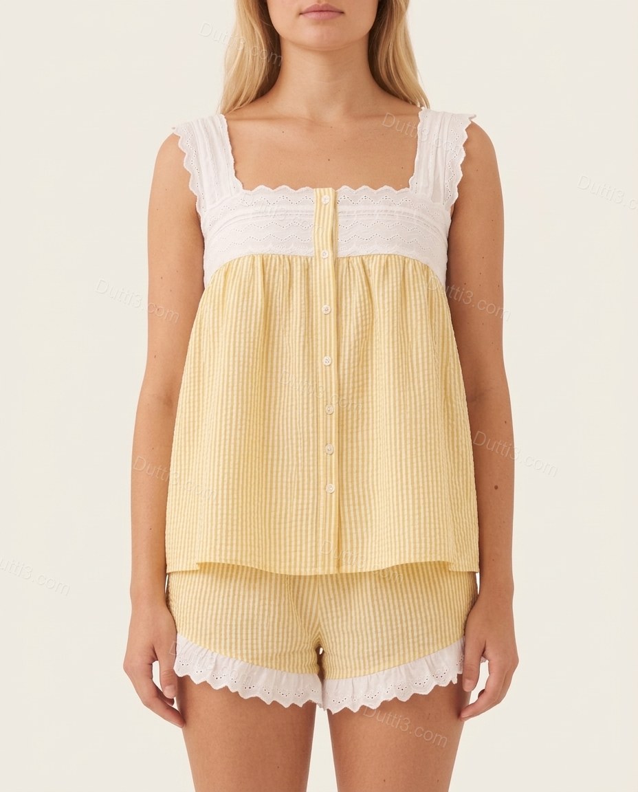 Yellow Polished Eyelet Short Set by Dutti3
