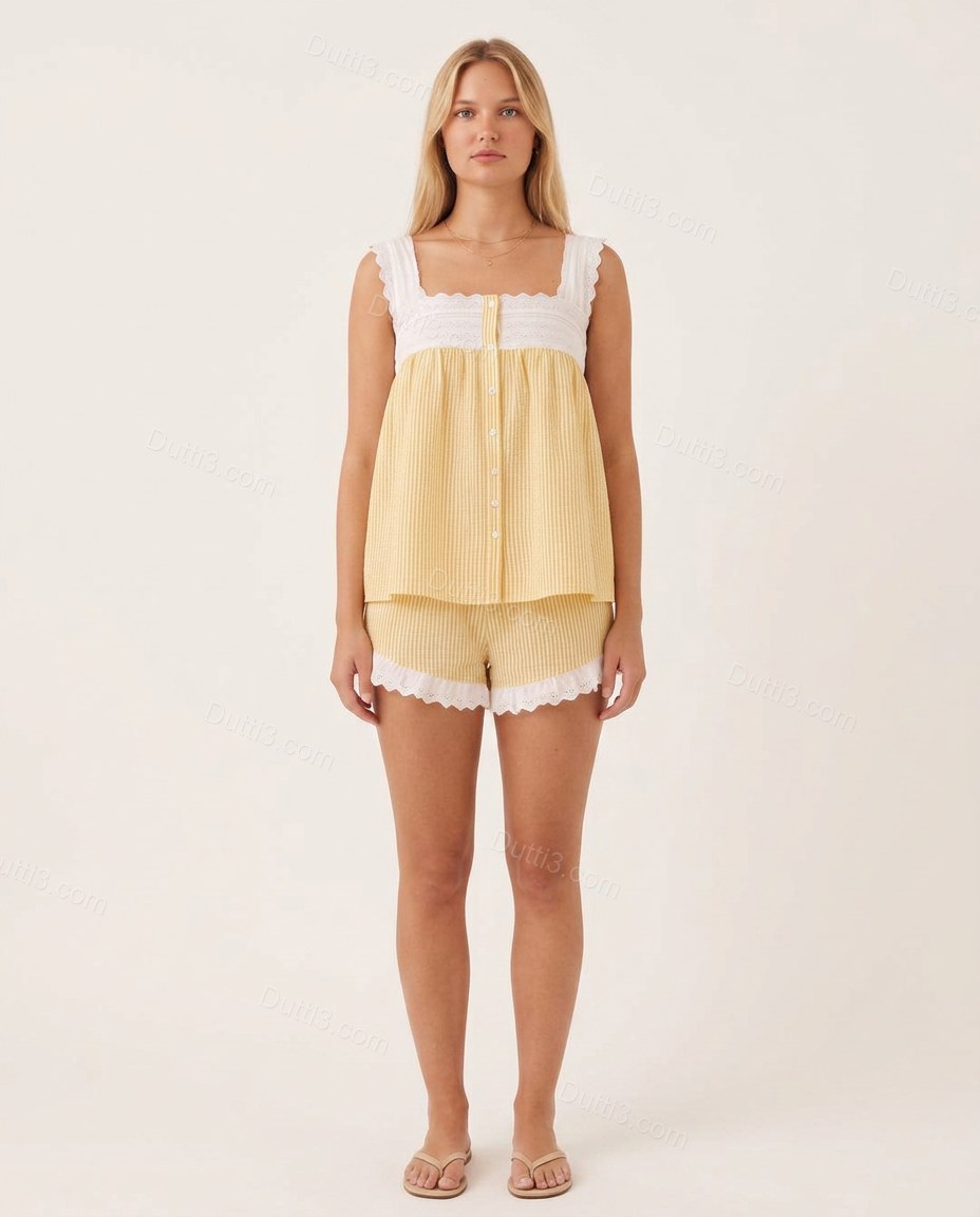 Yellow Polished Eyelet Short Set by Dutti3