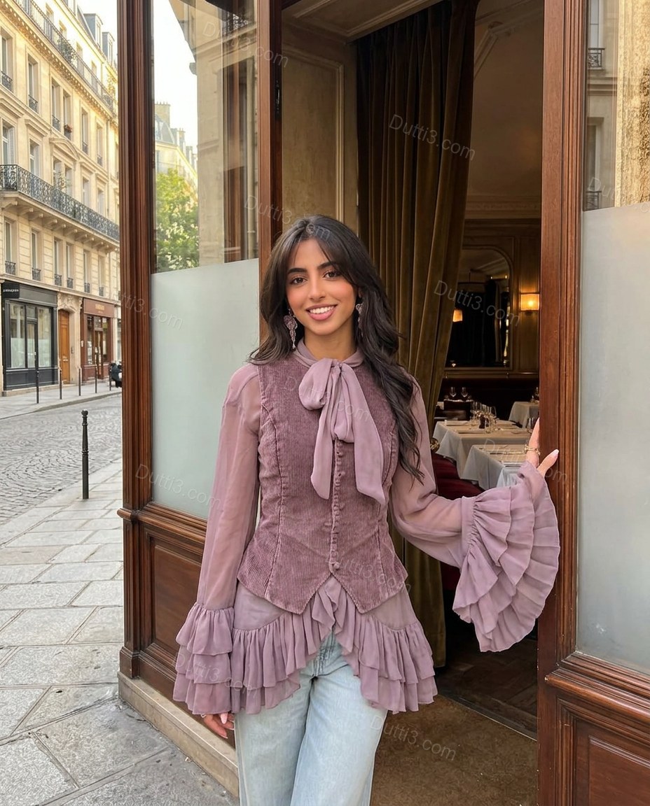 Dusty Mauve Sleek Ruffled Layered Two-Piece Set Dusty Mauve Layered Two-Piece Set with Utility silhouette and Textured texture, fabric and construction detail for Day-to-Night, a polished weekend event, Fall late-summer city plans and early-fall occasions by Dutti3