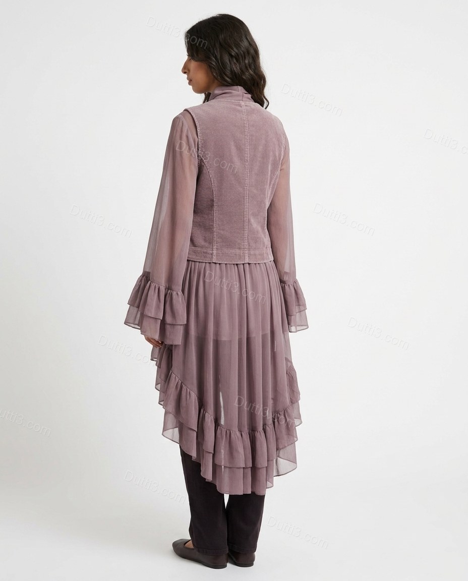 Dusty Mauve Sleek Ruffled Layered Two-Piece Set Dusty Mauve Layered Two-Piece Set with Utility silhouette and Textured texture, side or back garment view for Day-to-Night, a polished weekend event, Fall late-summer city plans and early-fall occasions, Eur by Dutti3