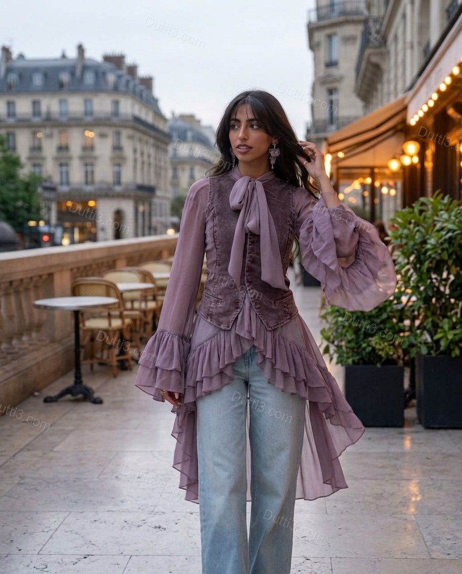Dusty Mauve Sleek Ruffled Layered Two-Piece Set Dusty Mauve Layered Two-Piece Set with Utility silhouette and Textured texture, outdoor styling image for Day-to-Night, a polished weekend event, Fall late-summer city plans and early-fall occasions, Euro Ch by Dutti3