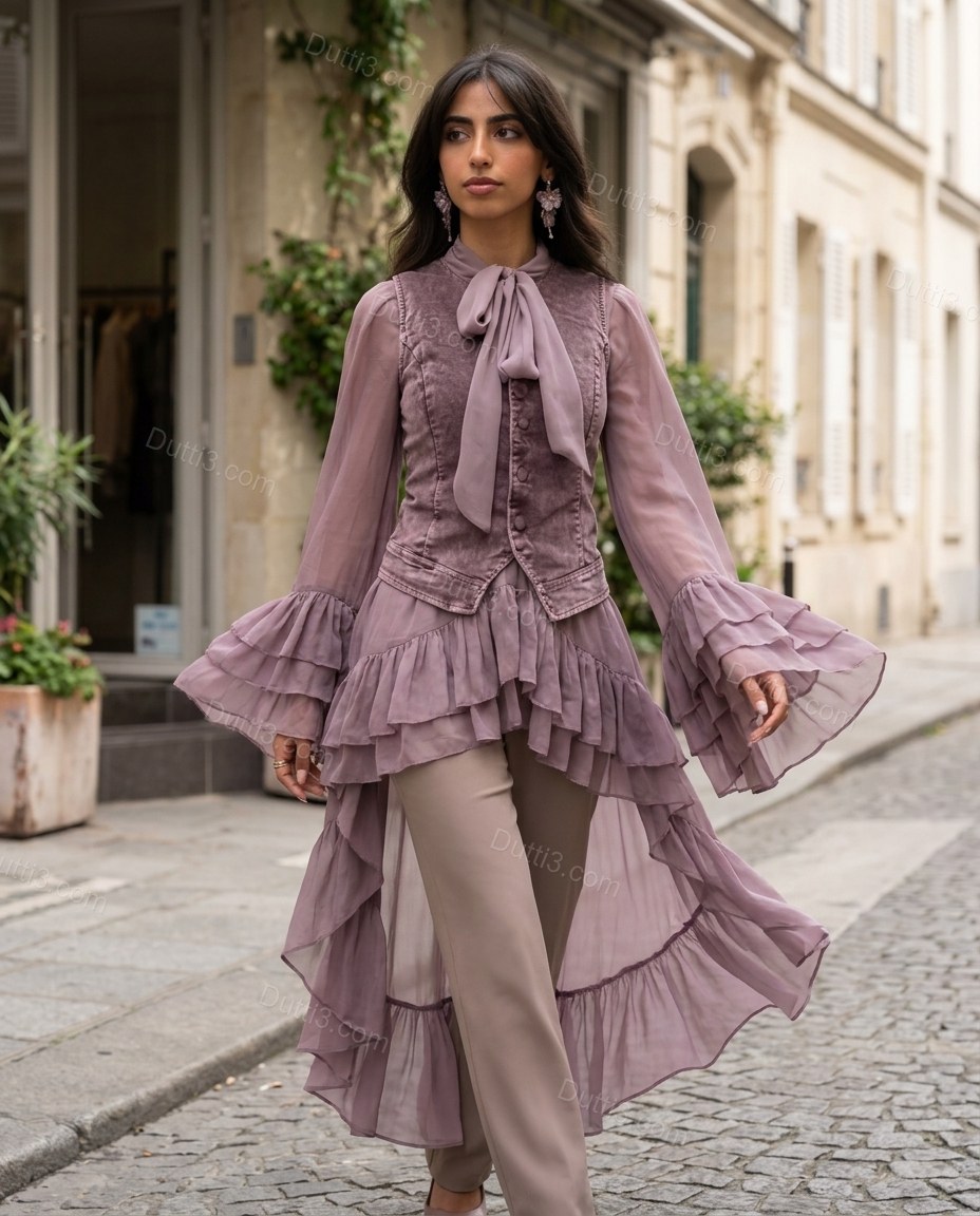 Dusty Mauve Sleek Ruffled Layered Two-Piece Set Dusty Mauve Layered Two-Piece Set with Utility silhouette and Textured texture, editorial ecommerce scene for Day-to-Night, a polished weekend event, Fall late-summer city plans and early-fall occasions, Eur by Dutti3
