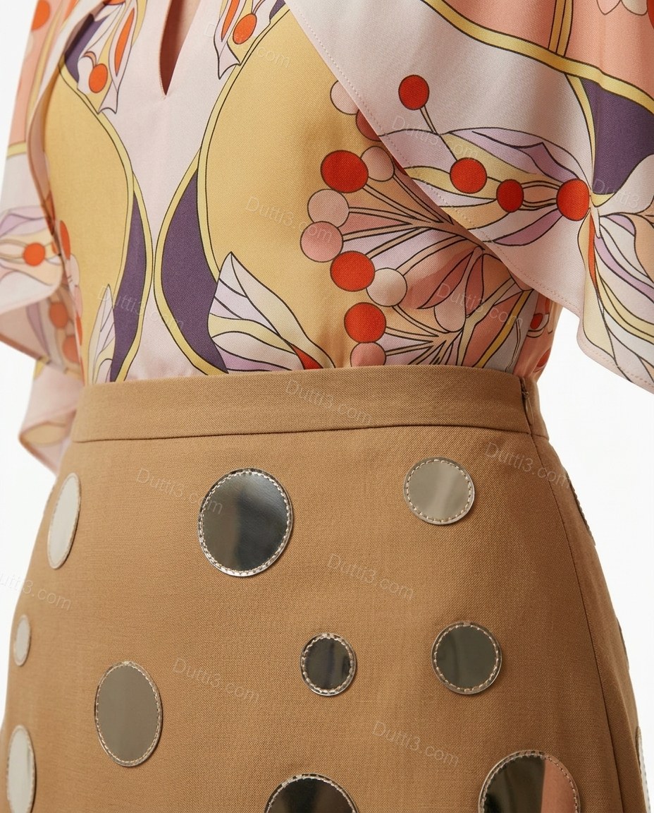 Tan Soft Floral Skirt Set by Dutti3