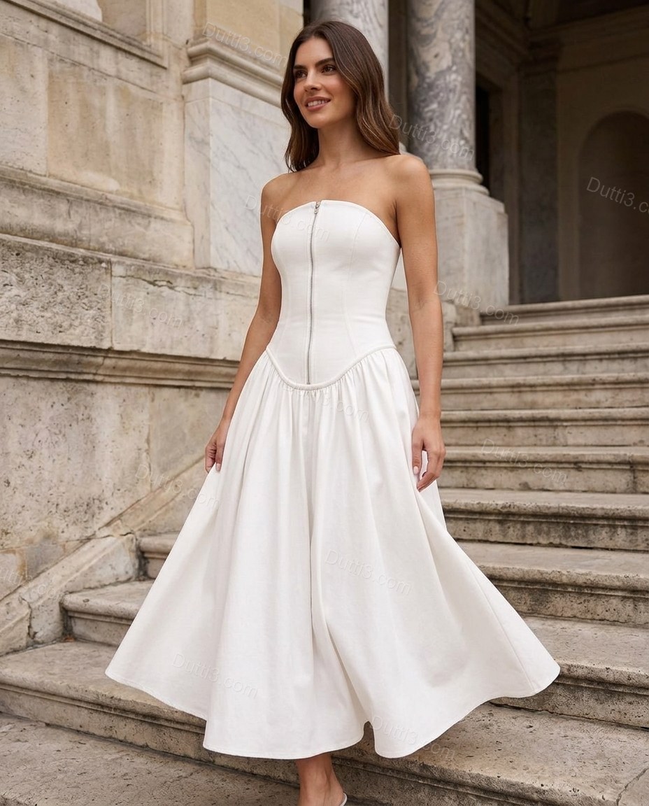 White Effortless Textured Midi Dress by Dutti3