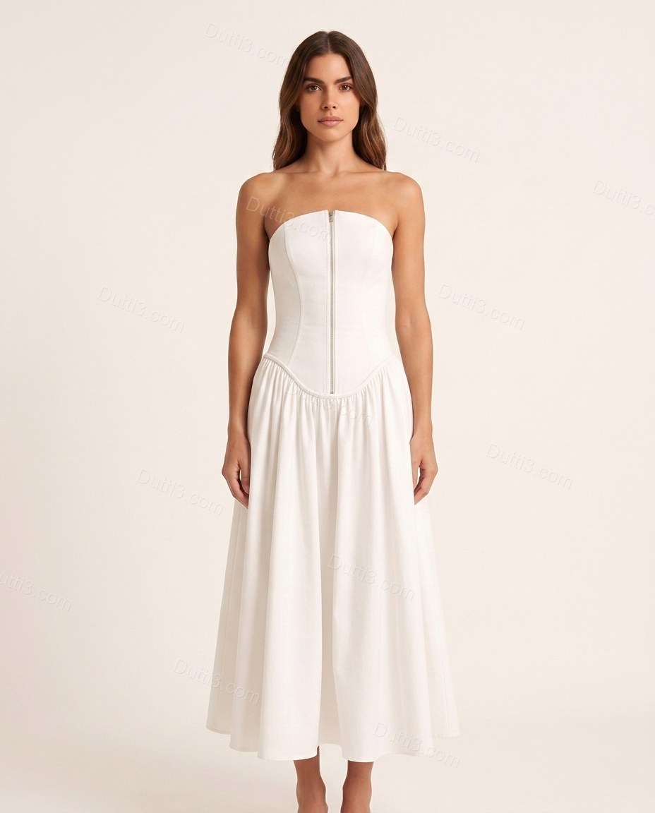 White Effortless Textured Midi Dress by Dutti3