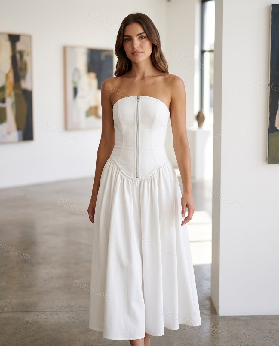 White Effortless Textured Midi Dress by Dutti3