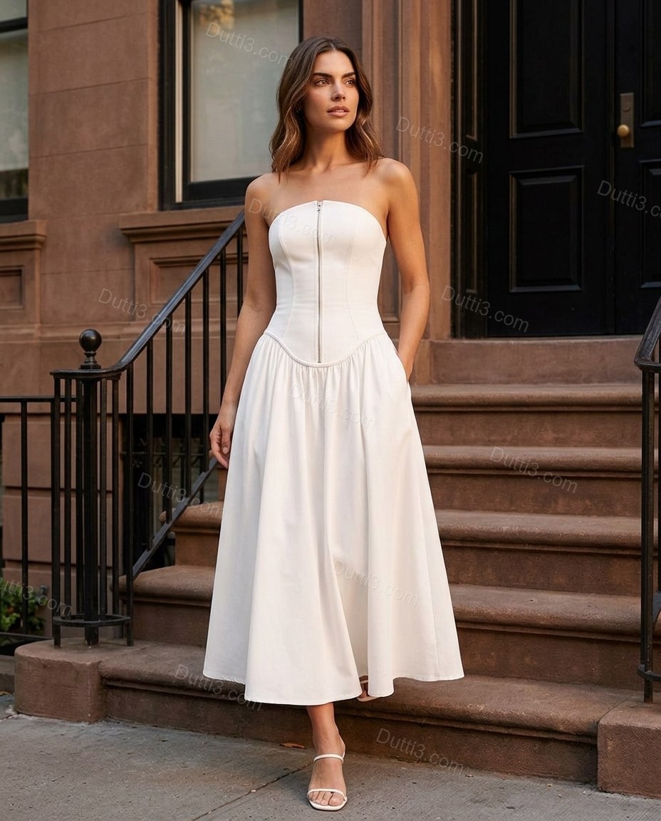 White Effortless Textured Midi Dress by Dutti3
