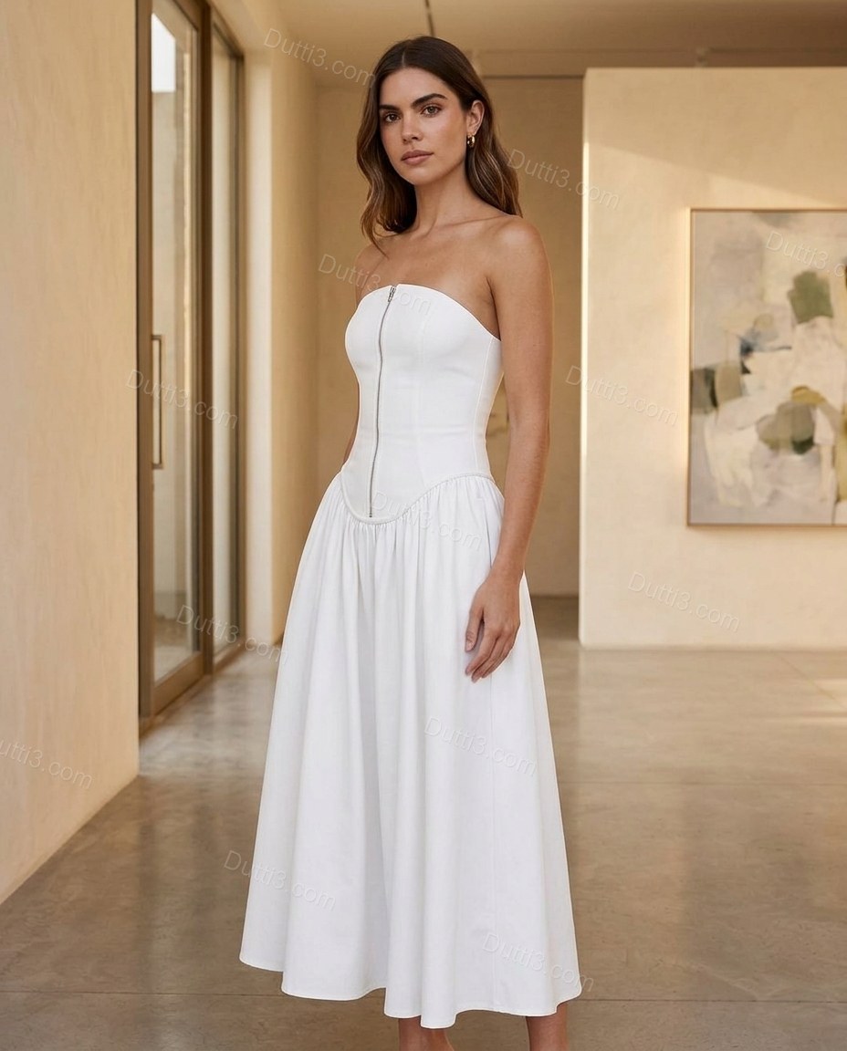 White Effortless Textured Midi Dress by Dutti3