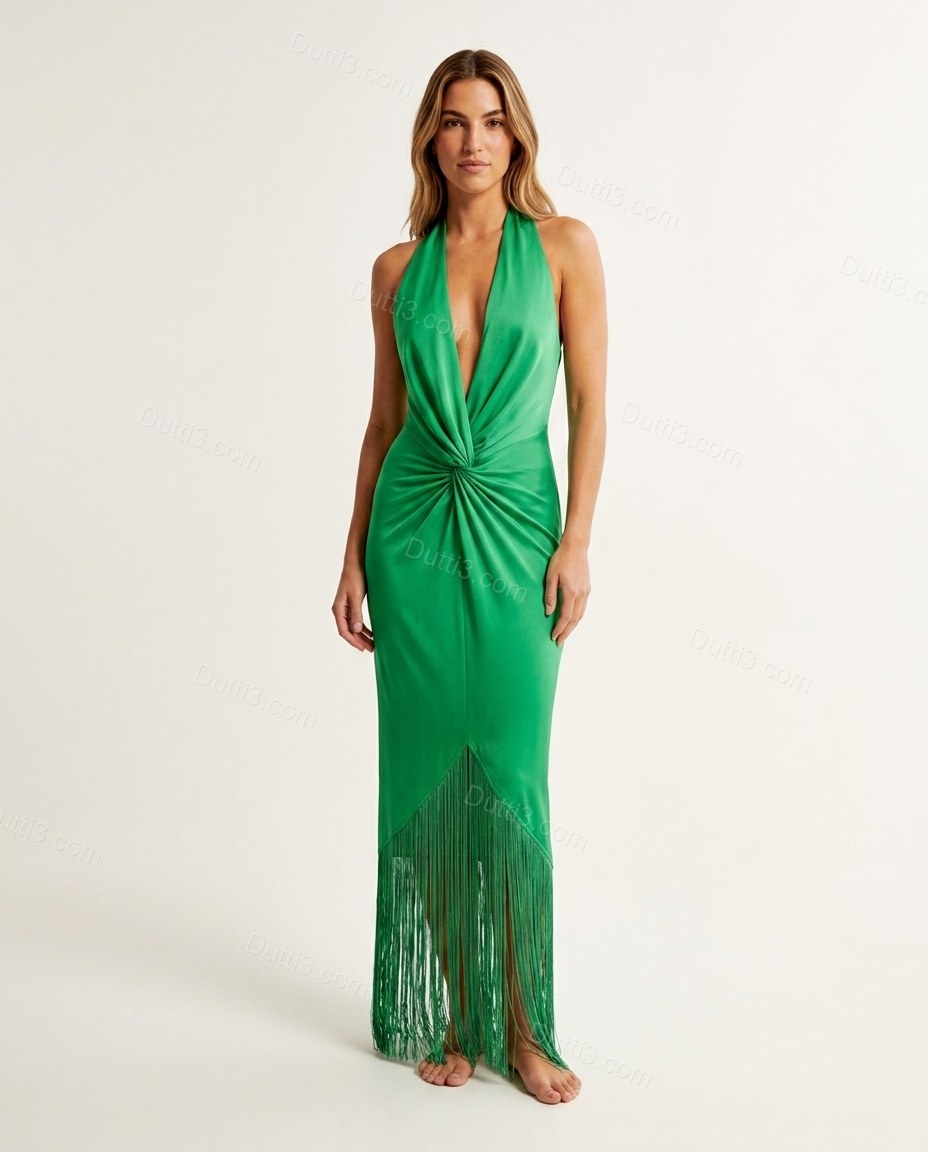 Green Polished Fringe Maxi Dress by Dutti3