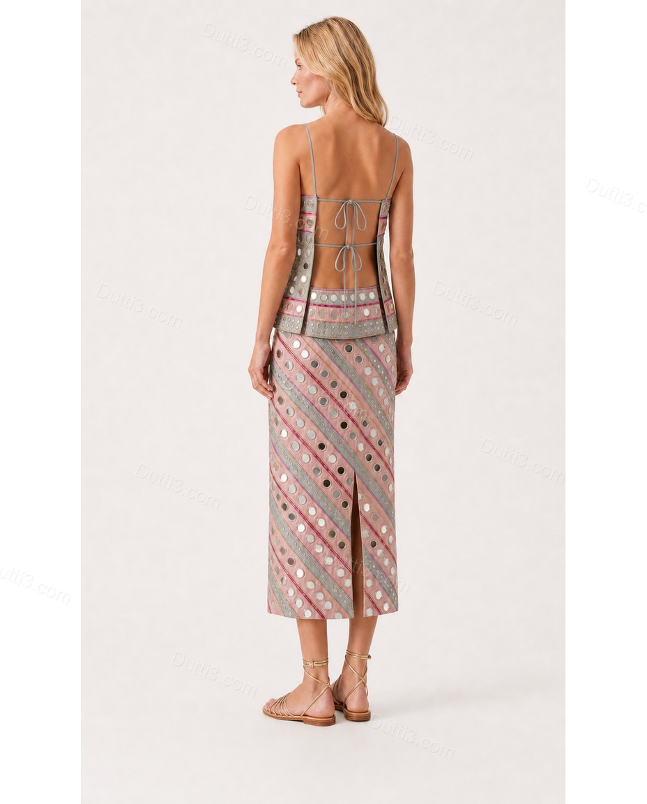 Deep Charcoal Gray And Dusty Rose Pink Polished Skirt Set Deep Charcoal Gray And Dusty Rose Pink Skirt Set with Flowing silhouette and Satin texture, side or back garment view for Day-to-Night, a transitional city plan, Fall late-summer city plans and ear by Dutti3