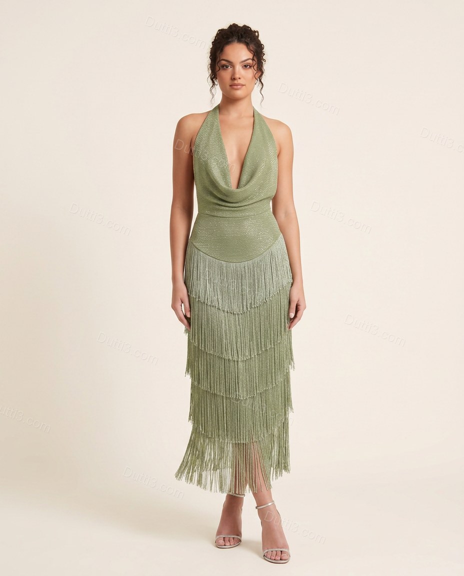 Sage Green Elevated Tiered Midi Dress by Dutti3